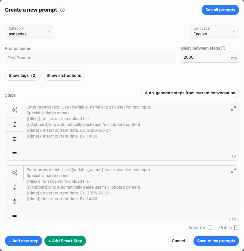 Multi-step prompt editor with controls to add steps and save a prompt chain