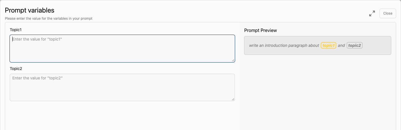 Prompt variables dialog with two topic fields and a live prompt preview