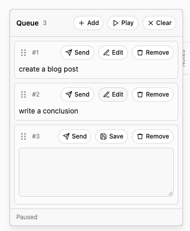 Paused prompt queue with controls to send, edit, and remove each step