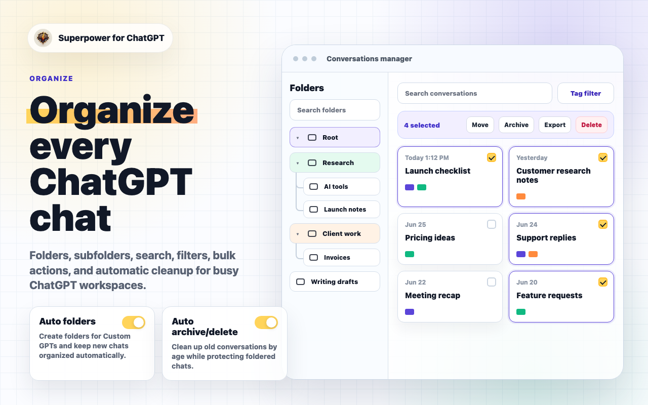 Folders, subfolders, search, filters, bulk actions, and automatic cleanup